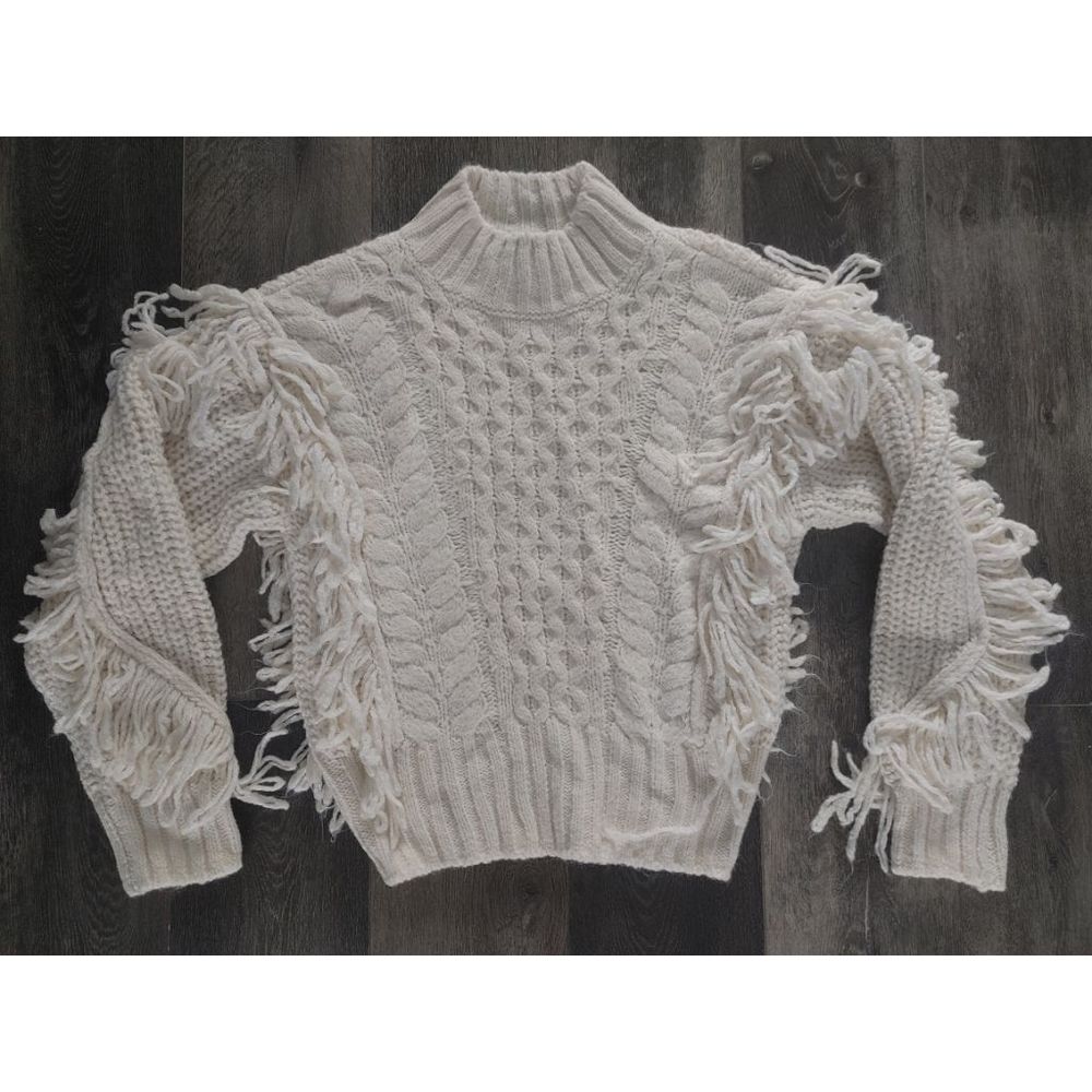 Express Chunky Cream cable knit fringe sweater